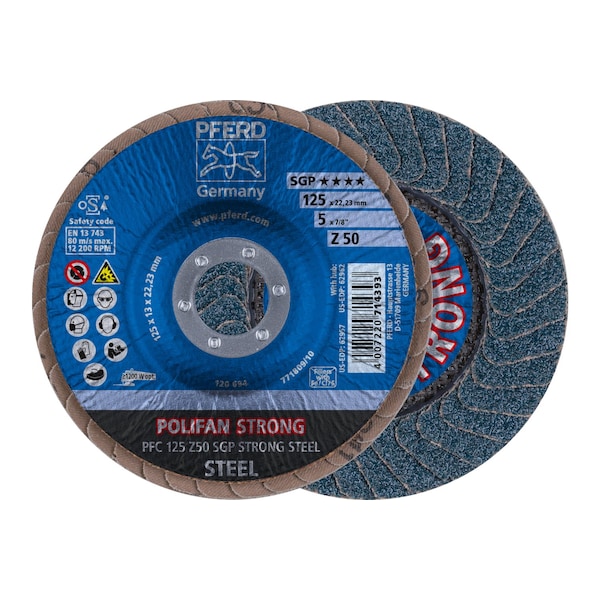 Pferd 5" x 7/8" A.H. POLIFAN Flap Disc - Z SGP STRONG STEEL, Zirconia, 50 Grit, Conical 62957 - main
